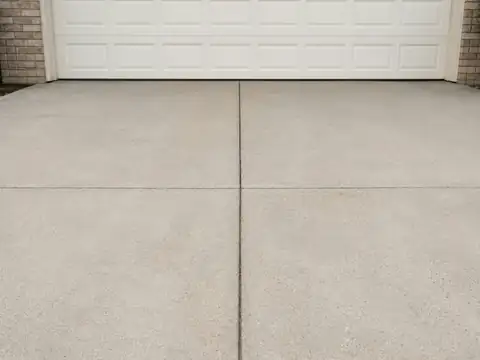 Clean broom-finish concrete driveway with control joints leading up to a white garage door and brick wall